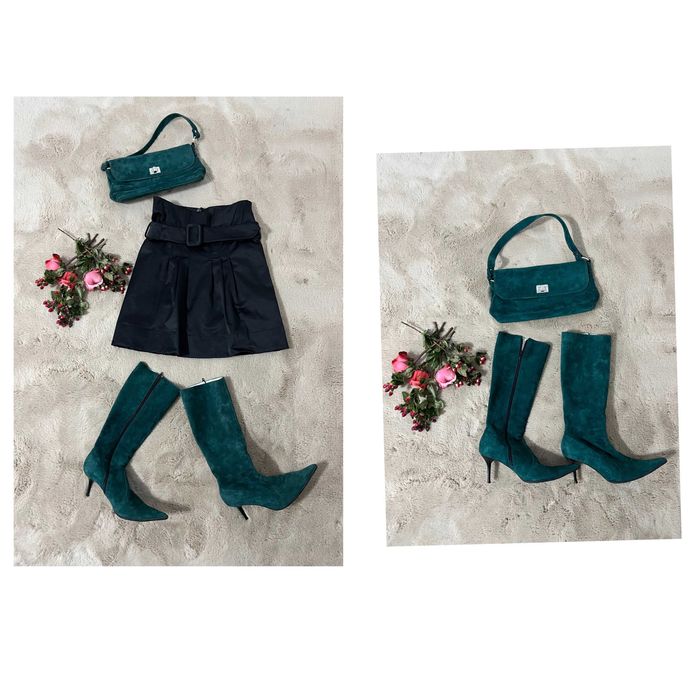 Set cizme stiletto și geanta, piele întoarsă verde si alte modele