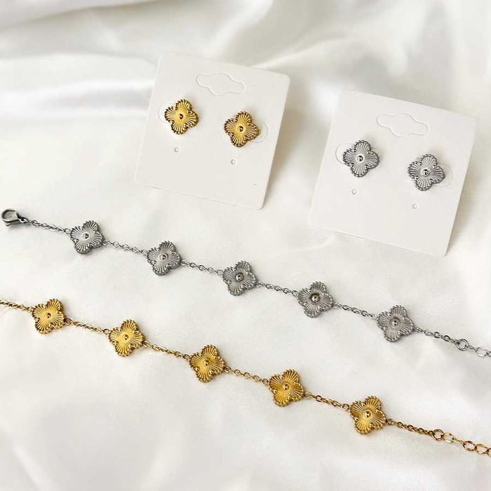 Комплект обеци и гривна с детелини Van Cleef златен или сребърен цвят