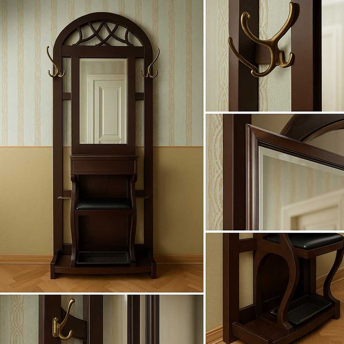 Cuier vintage lemn masiv oglindă cristal , început 1950