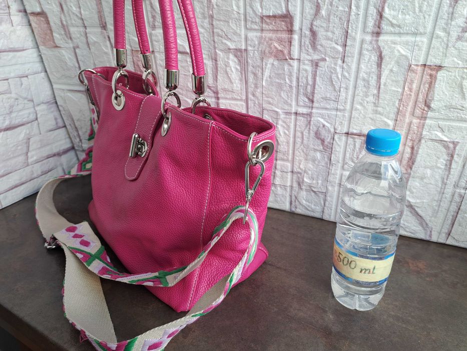 дамска чанта,цикламено розова кожена торба-естествена кожа