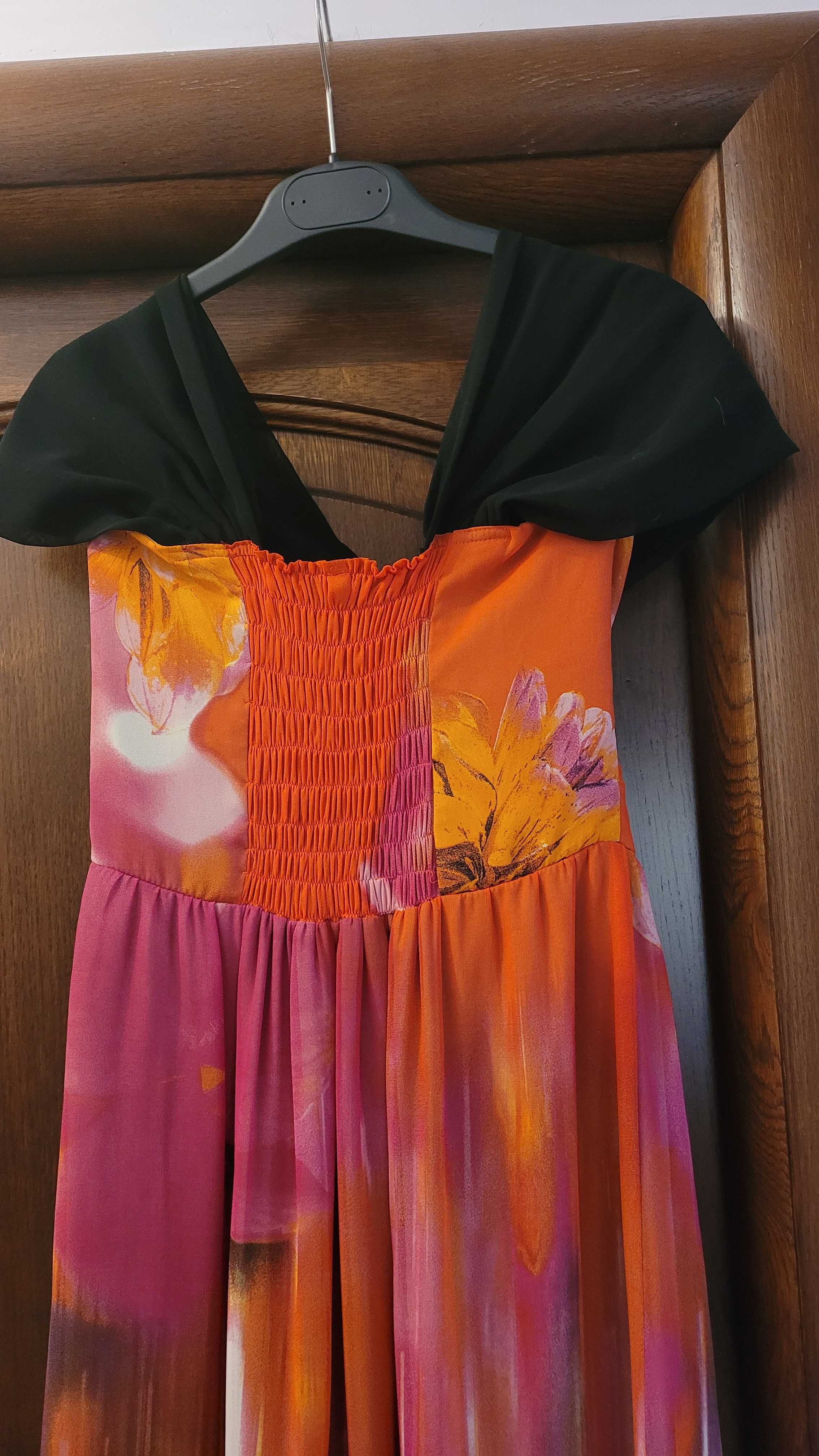 Rochie nuante vibrante portocaliu, ciclam si neagra cu imprimeu floral