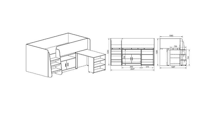 Pat mansardat cu birou si dulap