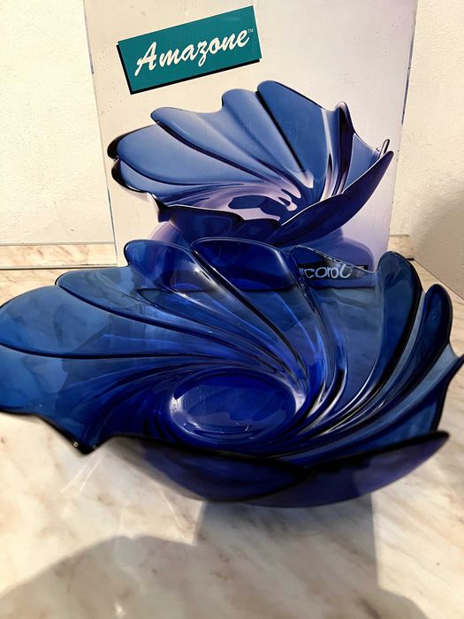 Декоративна стъклена купа за плодове - синя