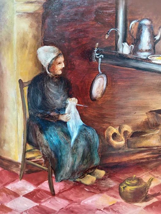 Tablou vechi - interior rustic - semnat indescifrabil