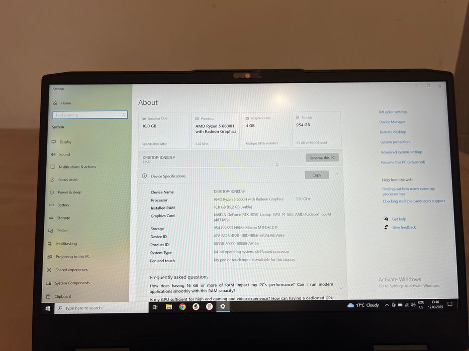 Laptop Gaming Lenovo 15.6”–Ryzen 5 6600H,16GB RAM,1TB SSD,RTX 3050 4GB