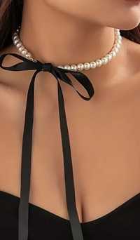 Choker colier perle si snur negru ideal cadou