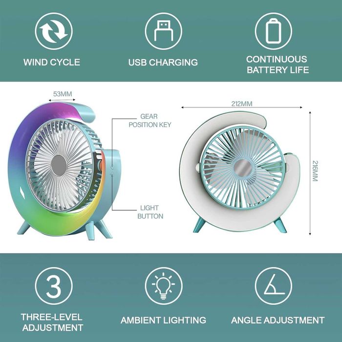НОВ! USB настолен вентилатор, 3 скорости, 360° въртене, LED осветление