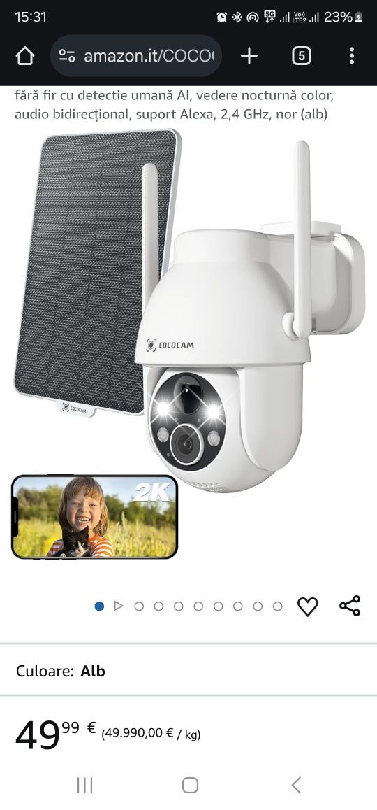 Cameră solară WiFi pentru exterior COCOCAM 2K, PTZ fără fir cu detecti