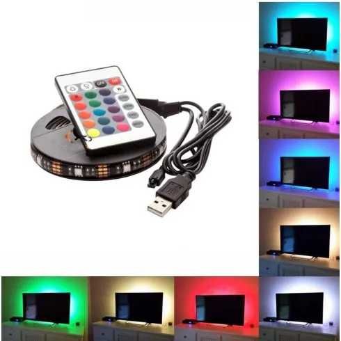 Banda LED RGB pentru TV, USB 5V, lungime 2 metri, telecomanda, camping