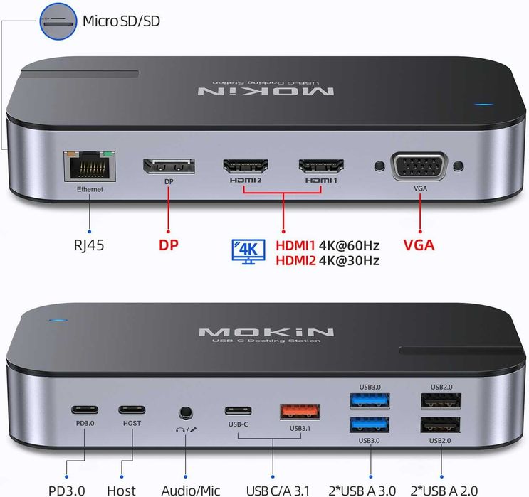 USB C Docking Station 16 в 1 с 65W захранване Mokin
