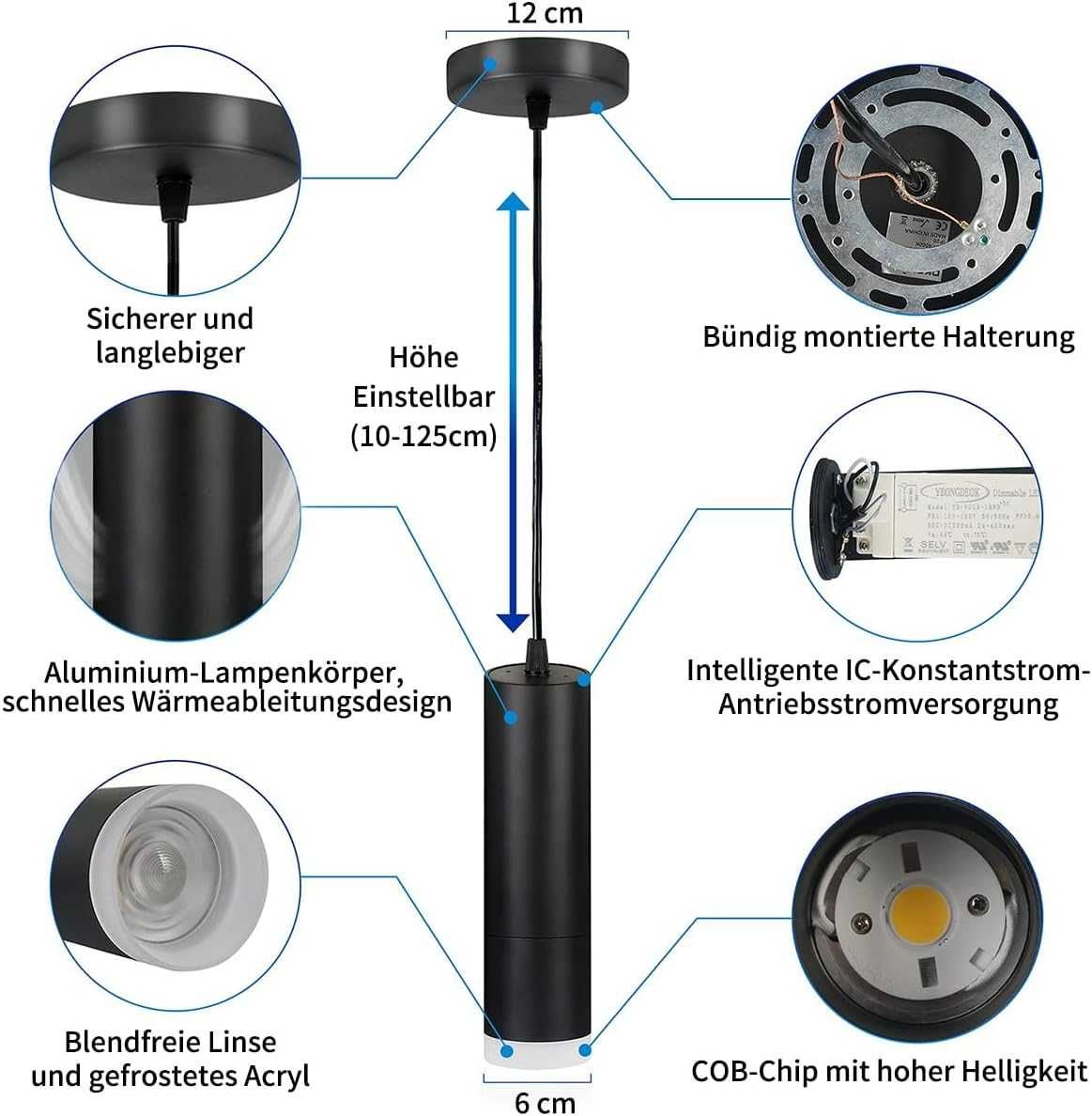 НОВА! Висяща LED лампа, 22 см, черна, модерна