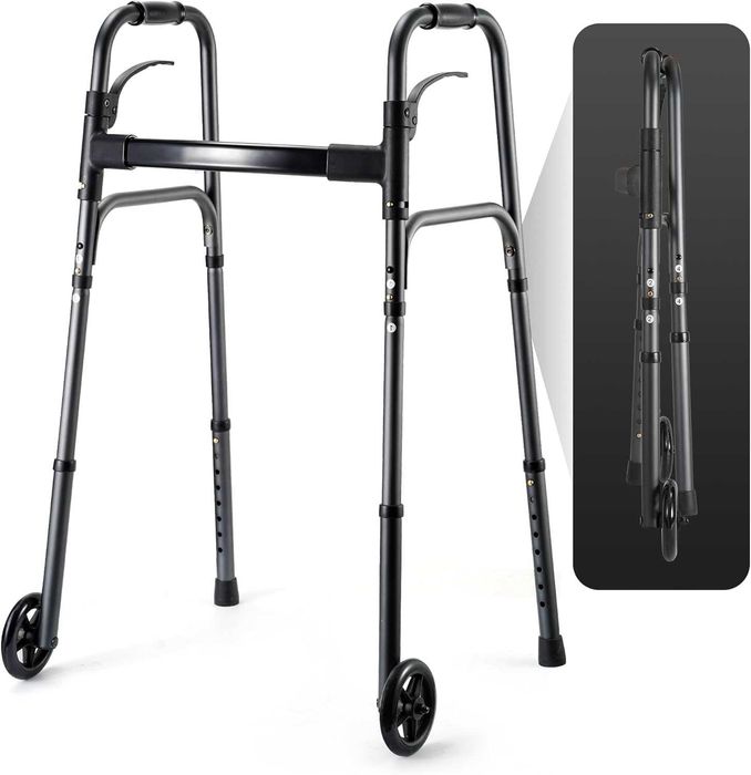 НОВА! Лека сгъваема проходилка с колелца, регулируема и тригер функция