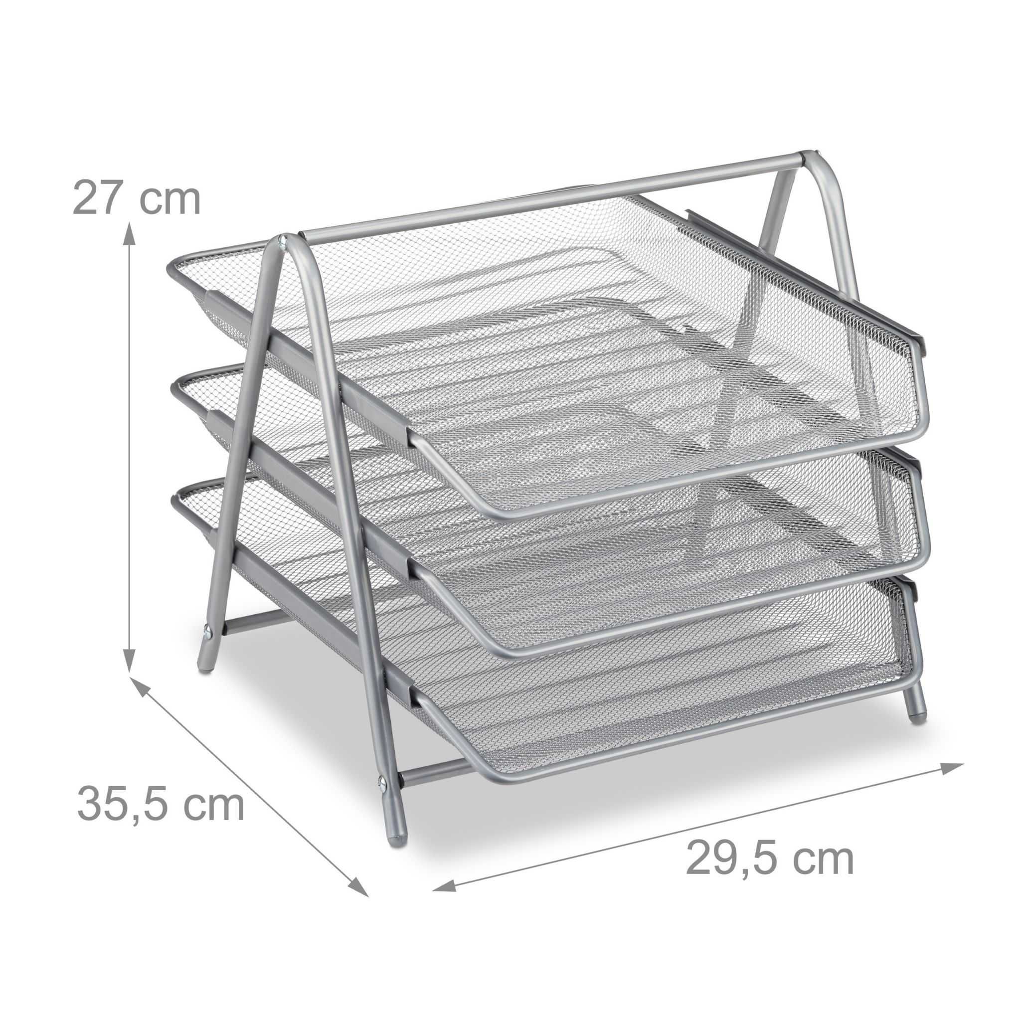 Suport documente 3 compartimente plasa metalica A4 argintiu 27x29x35cm