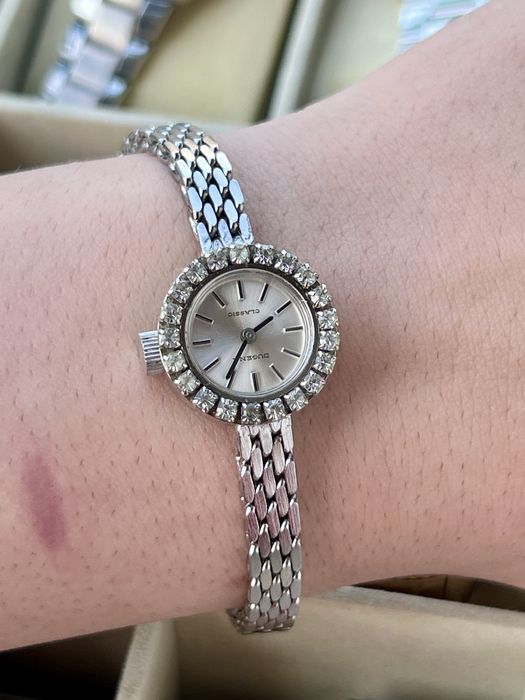 DUGENA Classic damă – mecanic, bezel cu cristale, vintage – funcțional