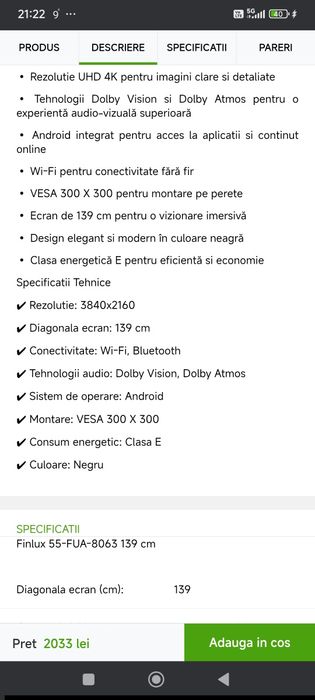 Vand/schimb Tv finlux 55 fua 8063 uhd 4k android 139 cm