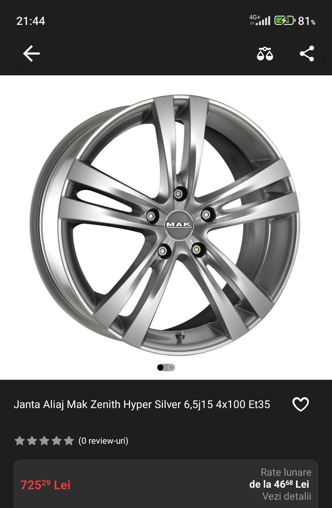 Janta Aliaj Mak Zenith Hyper Silver 6,5jx16H2 4x100 Et35