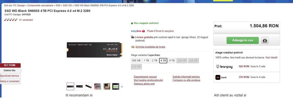 SSD WD Black SN850X 4TB PCIe 4.0 x4 M.2 2280 – Nou, Oferta Specială