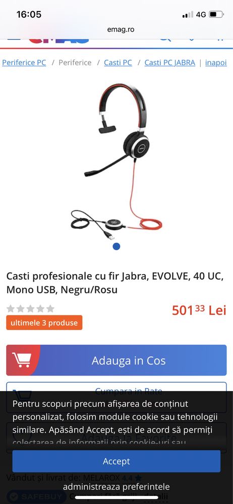 Casti profesionale cu fir Jabra, EVOLVE, 40 UC, Mono USB, Negru/Rosu