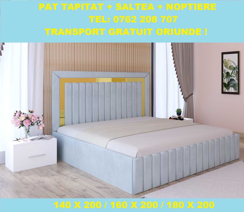 Paturi Tapițate Ieftine cu Saltea, Gri Maro Negru Verde Alb, D19