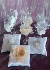РАЗПРОДАЖБА!!! Комплект сватбени ритуални чаши и възглавнички за халки
