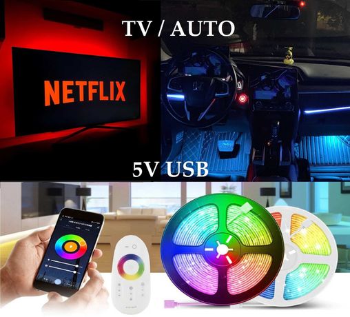 5m Banda LED TV/ Auto Bluetooth USB - Control Telefon/Telecomanda RGB