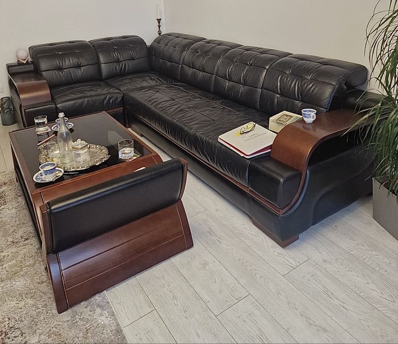 Set living complet Canapea colțar + masă de cafea piele naturală lemn