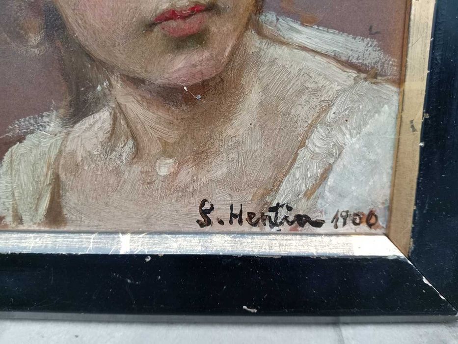Tablou vechi - cap de copil - semnat S. Hentia 1900