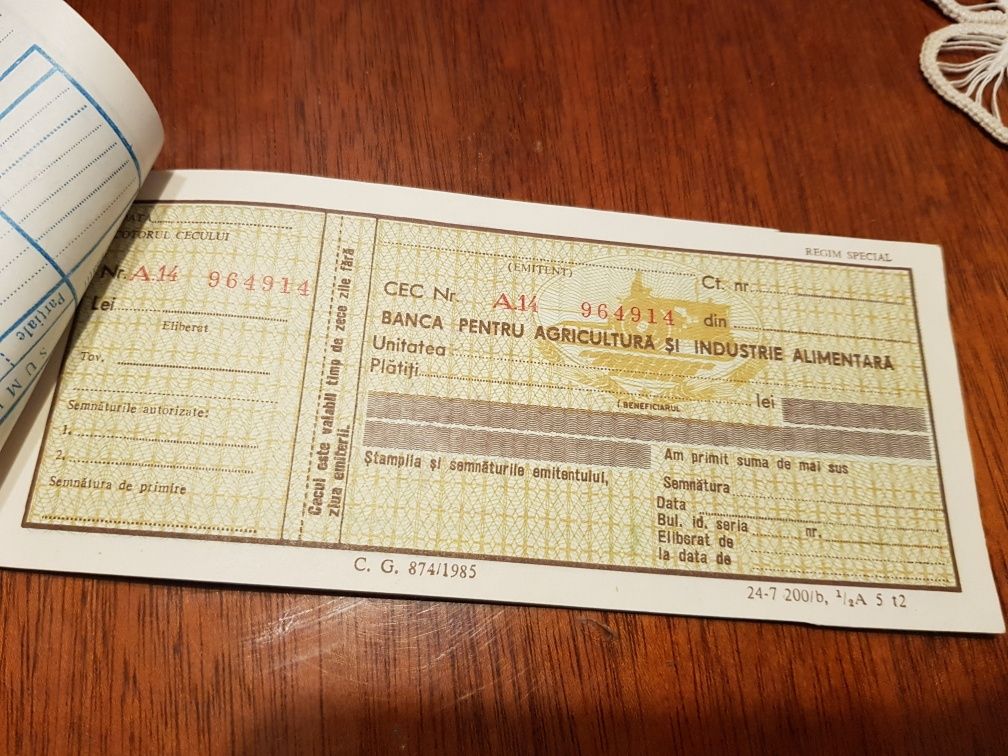 Carnet de cecuri in numerar 1985