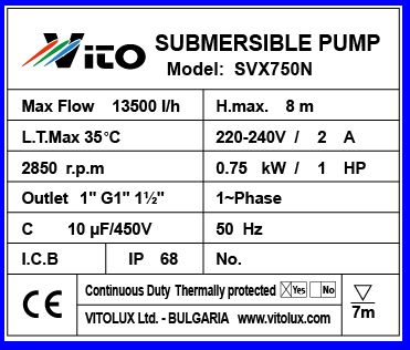 750W Потопяема Помпа VITO за изпомпване на мръсни и чисти води