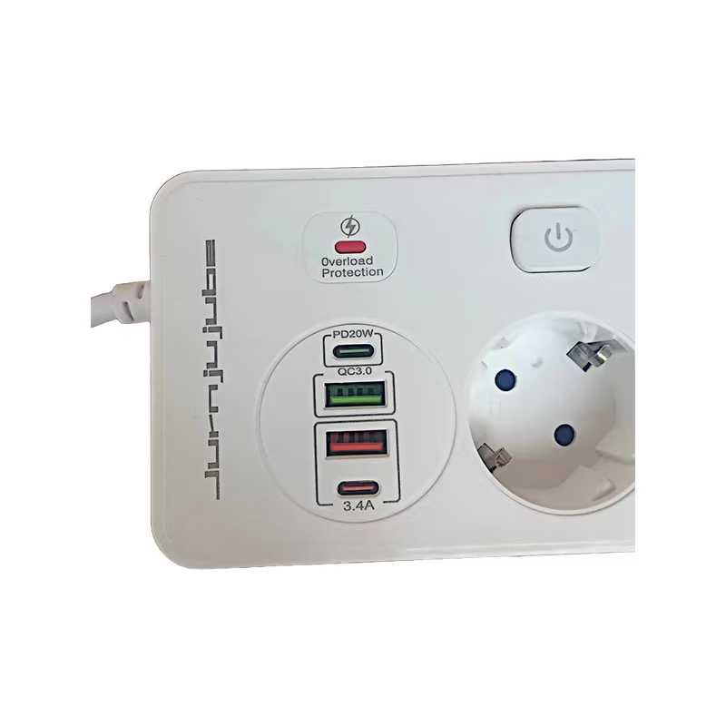 Удължител Jurnjujube, защита от пренапрежение, 4 гнезда, 2 USB, 3250W