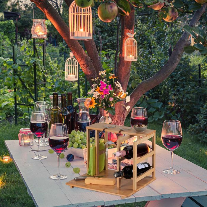 Platou servire aperitive si vin bambus suport sticle pahare 26x40x33cm