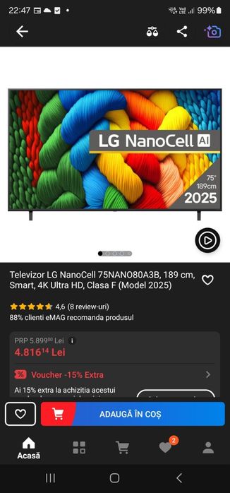 Televizor NanoCell LED LG 190 cm (75") – Ultra HD 4K, Smart TV, NOU
