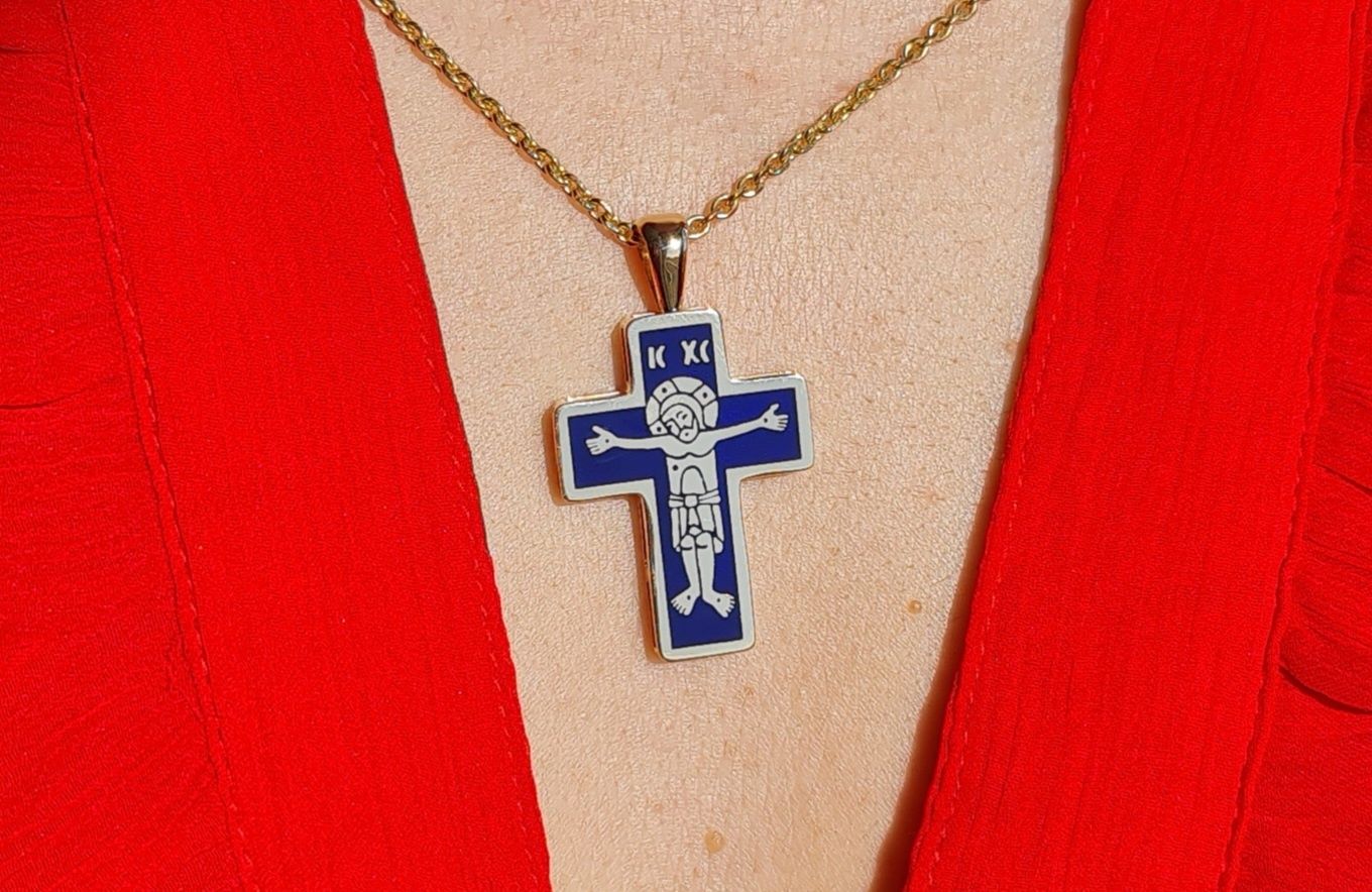 Cruce ortodoxă handmade aur galben 14k și email albastru