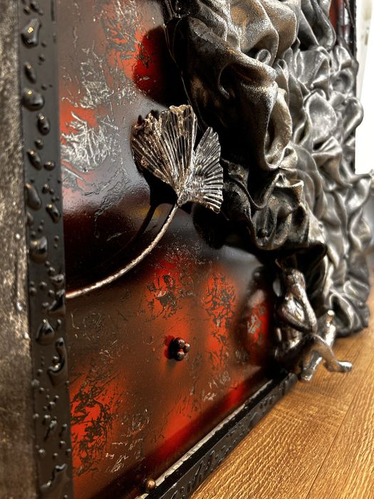 Tablou decorativ unicat - arta abstracta cu texturi metalice si led