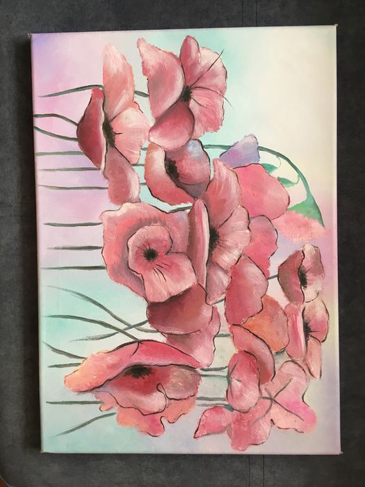 Pictura panza in ulei cu maci flori