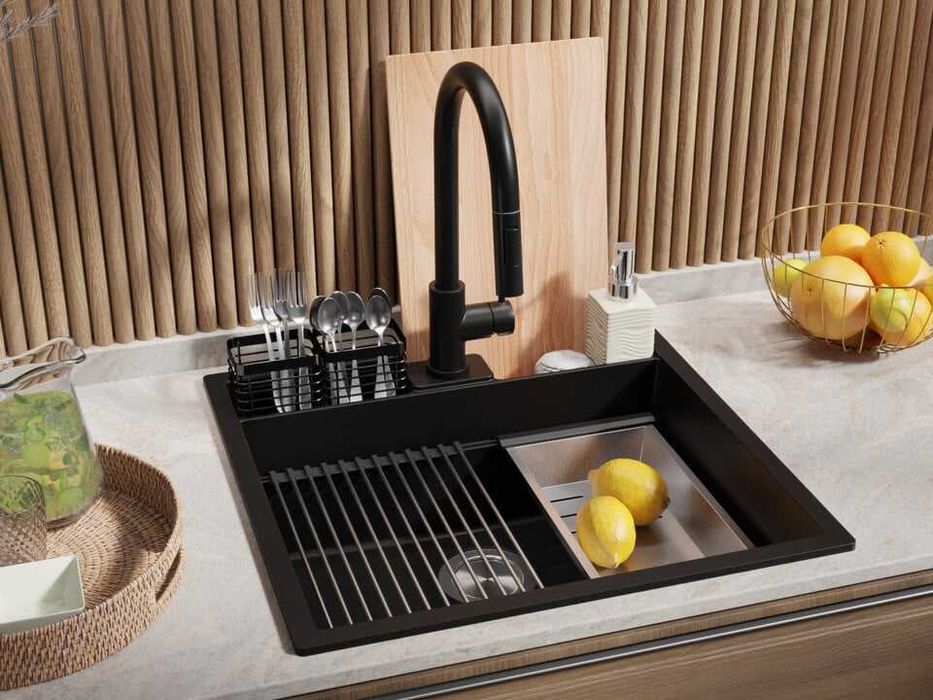 Черна кухненска мивка за вграждане Берген 60 Double Pocket 560x540 мм