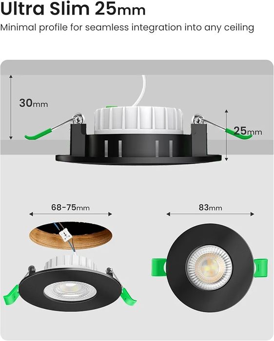 ALUSSO LED IP44 черни луни за вграждане димируеми 6W,540lm тънки 25 мм