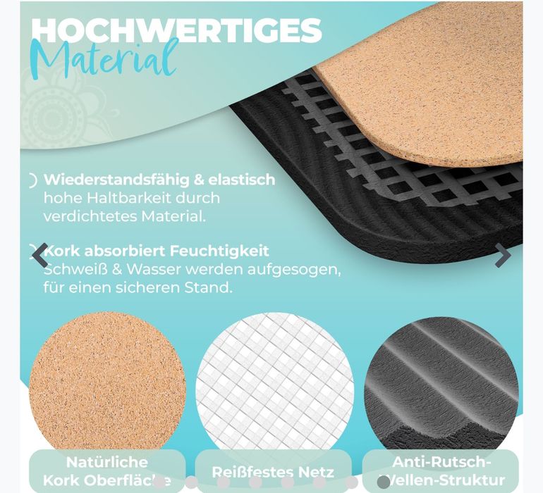 Коркова постелка за йога 183 х 62 см с блок и каишка , не плъзгаща