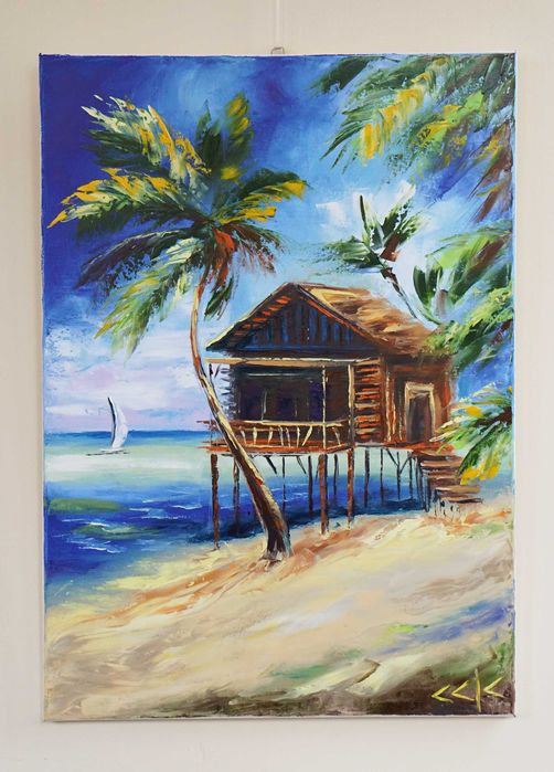 "Уют под палмите" Картина 70х50см, Маслена живопис с шпакла
