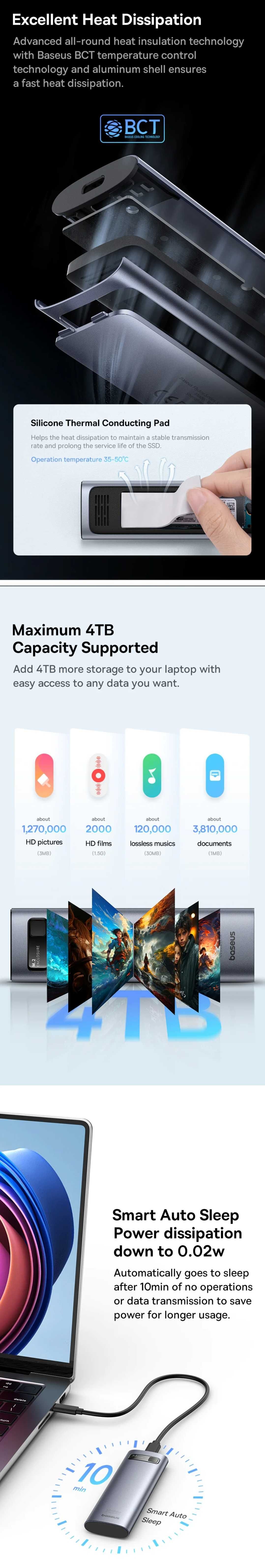 Baseus 10Gbps USB 3.2 Gen2 Бокс для внешнего диска SSD M.2 NVMe & SATA
