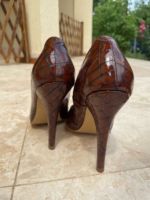 pantofi stiletto din piele de crocodil, premium, maro si galbeni, 36