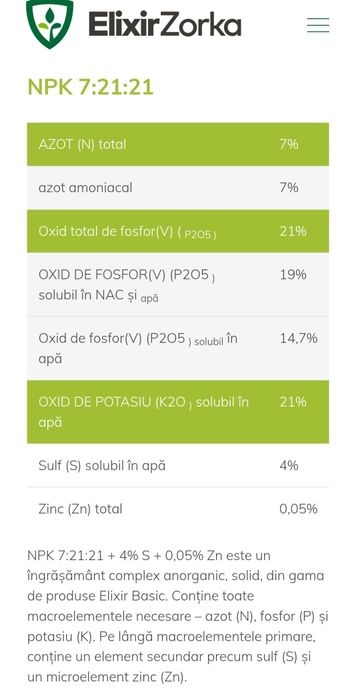 Îngrășământ Complex NPK 7-21-21+(S+Zn) Serbia