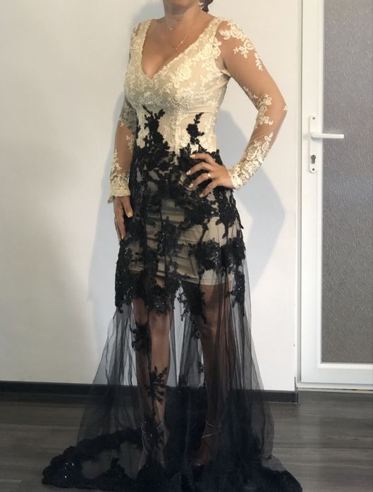 Rochie bej/ negru cu trena s/36