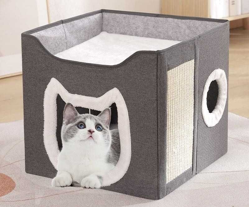 Домик лежак для кошек 40x40 см с когтеточкой и игрушкой 4 в 1
