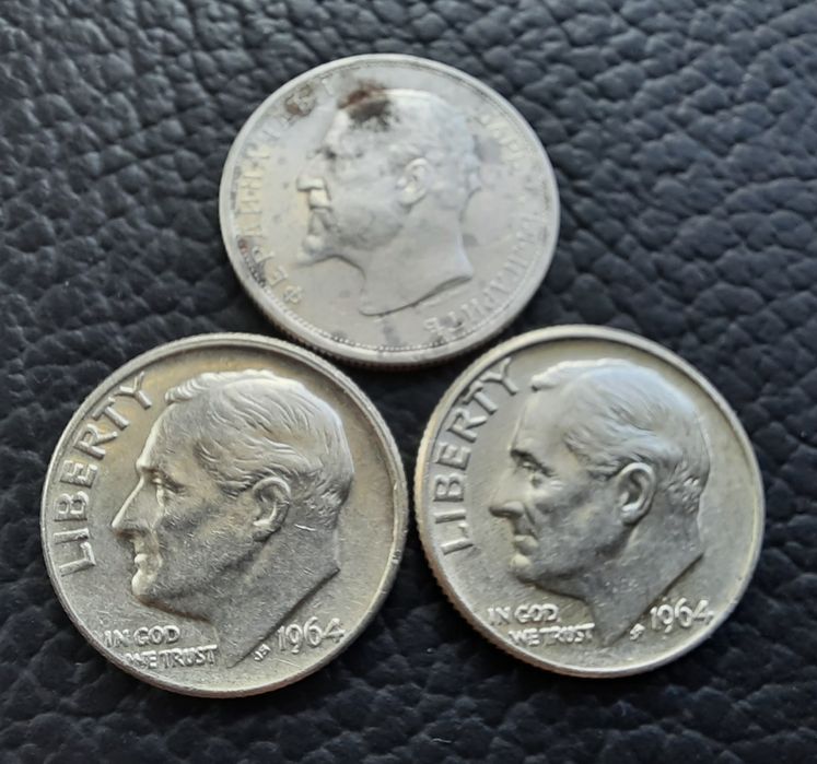 Стари сребърни монети даймове 1964 г.  САЩ  и 50 ст. 1913 г. БГ - топ