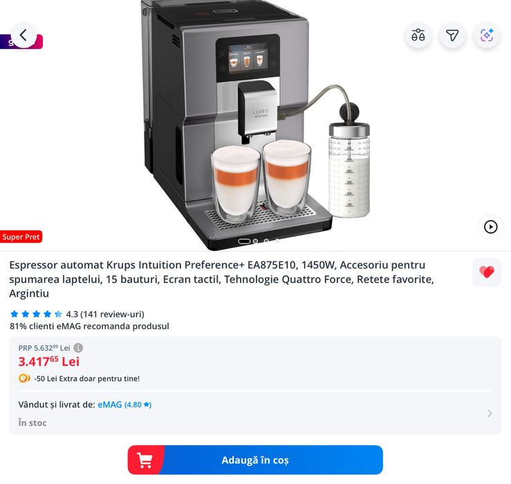 Espressor Krups Intuition Preference+ EA875E10 Nou/Schimb cu Mac