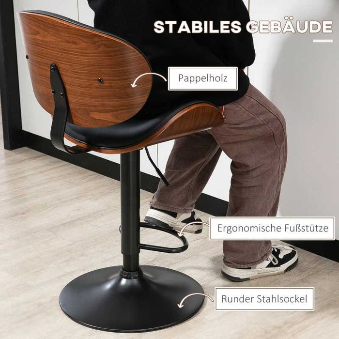 Бар стол HOMCOM, регулируем по височина, въртящ се, изкуствена кожа