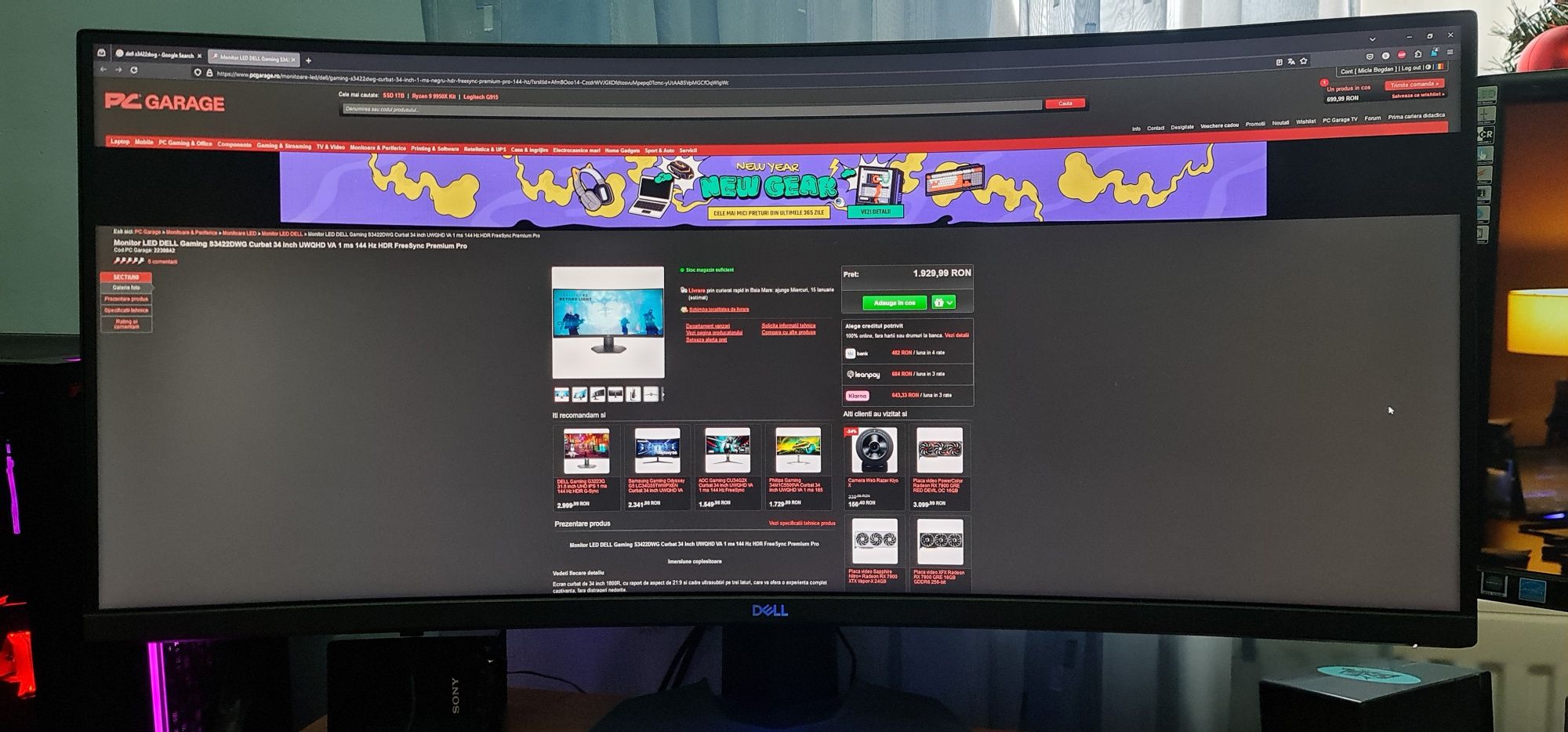 Monitor dell 34 inch s3422dwg, 144 hz, 1.0 ms