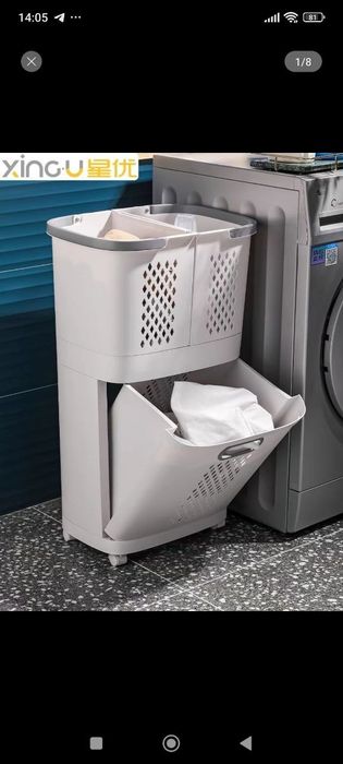 Контейнер для белья 3-в-1 с выдвижным нижним отсеком (современный серы