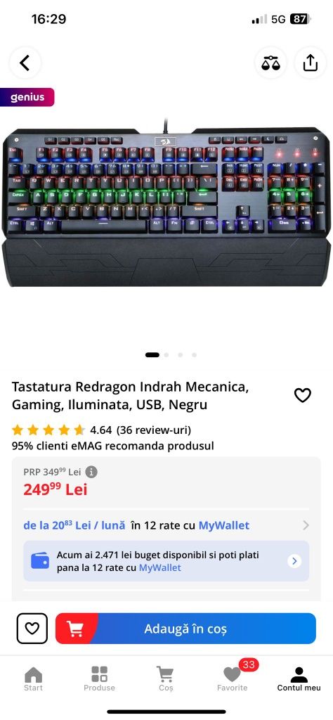 Tastatura Redragon Indrah Mecanica, Gaming, Iluminata, USB, Negru